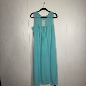 Vintage Aqua Blue Nylon Nightgown Lace Trim Women’s Size Large